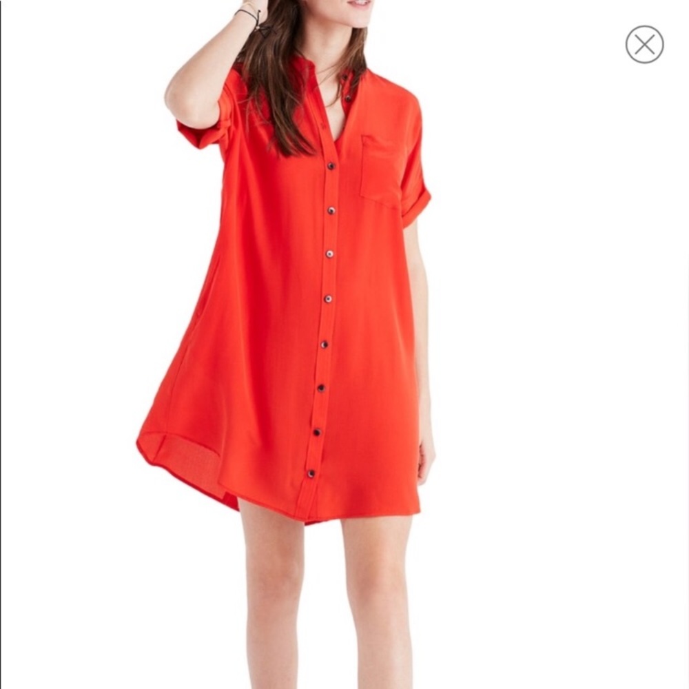 Madewell Silk Buttondown Shirtdress - Red (L)
